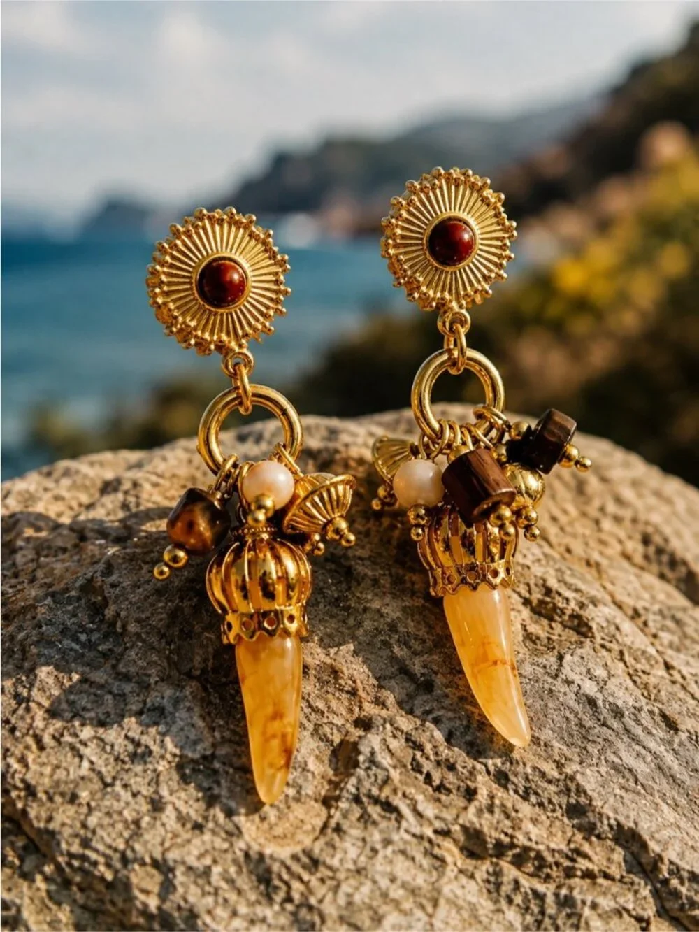 Vintage Gold Drop Earrings with Brown and Cream Accents
